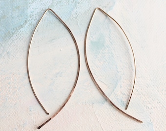 Rose Gold Threader Earrings - Almond Hoops - minimalist jewelry, open hoops rose gold earrings, hook earrings