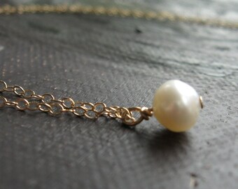 Simple Gold Freshwater Pearl Drop Necklace, single petite AA Quality Freshwater Pearl Pendant on goldfill necklace