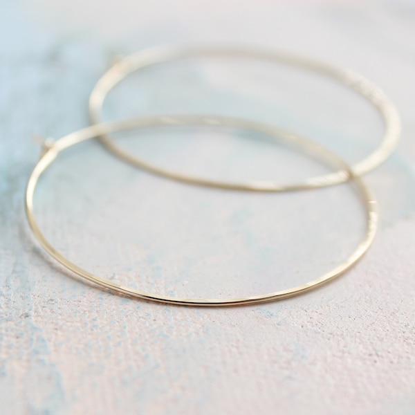 14k Gold Fill Thin Hoop Earrings, 2 inch Large Hoops