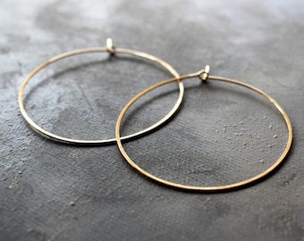 solid gold hoop earrings 14k, Thin Hoops Large 2" minimalist earrings