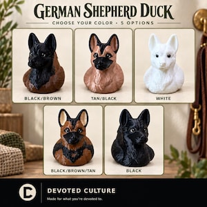 May include: Five rubber duck figurines shaped like German Shepherd dogs, labeled as German Shepherd Duck. The options include black and brown, tan and black, white, black and brown and tan, and solid black color variations for each individual duck.