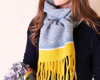 Soft Blue & Yellow Blanket Scarf, yellow, Fringe scarf, pattern scarf, Fair Isle scarf, Knitted Blanket Scarf, cozy, lambs wool scarf, wool