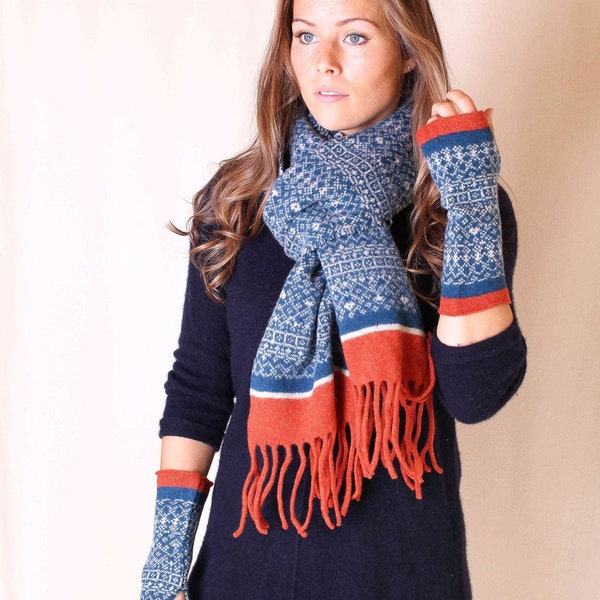 Fair Isle Knit Scarf, blanket fringe scarf, gift for her, knitted scarf, Felted scarf, blanket scarf, womens accessory, petrol blue scarf