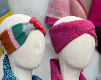 Knitted headband, multi coloured, stripe, fair isle or check pattern, soft lambs wool
