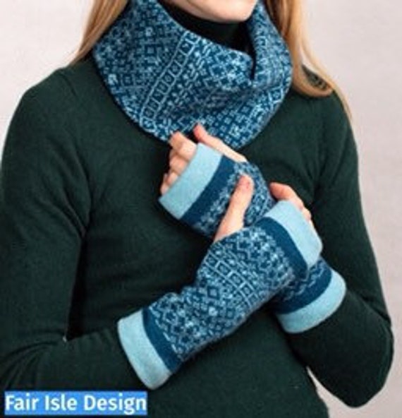 Fair Isle Wrist Warmers Fingerless Gloves Blue Mitts Teal