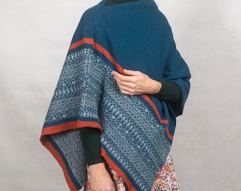 Knitted Fair Isle Poncho, handmade poncho for mum, soft lambswool poncho, made in UK,