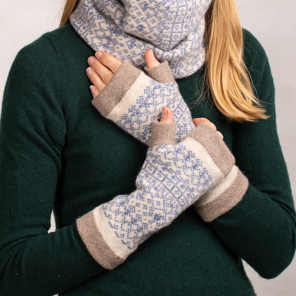 Knitted Fair Isle Wrist Warmers with Thumbs