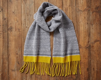 Grey & Yellow Scarf, Fringe scarf, knitted scarf, Fair Isle scarf, Blanket Scarf, grey wool scarf, mustard yellow scarf, lambs wool scarf