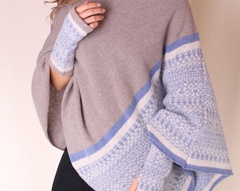 Knitted Fair Isle Poncho, handmade poncho for mum, soft lambswool poncho, made in UK,