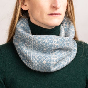 Handmade Fair Isle Lambswool Snood: Blue Cream Infinity Scarf