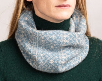 Soft blue snood, Fair Isle snood, infinity scarf, loop scarf, cowl, handmade in england, wool snood, lambswool, ski scarf, jacquard snood