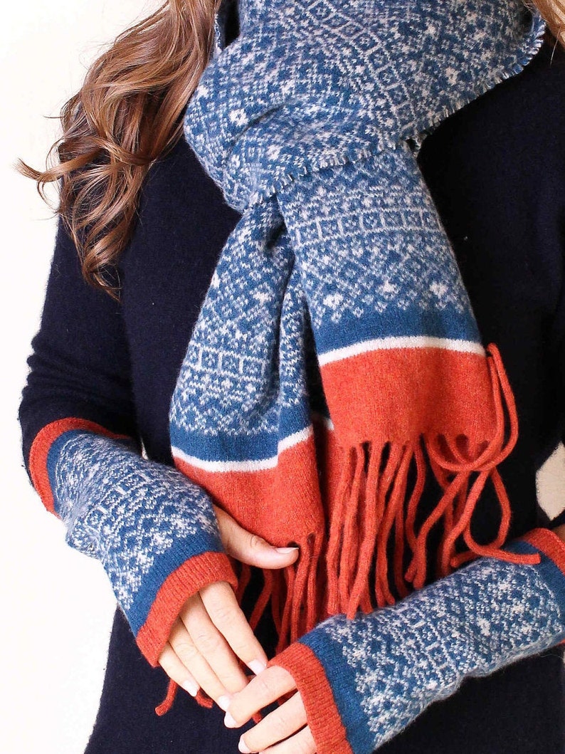 Fair Isle Knit Scarf, blanket fringe scarf, gift for her, knitted scarf, Felted scarf, blanket scarf, womens accessory, petrol blue scarf image 2