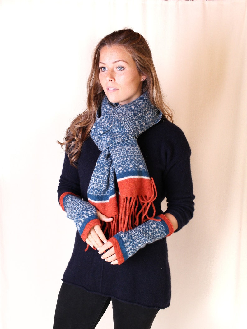 Fair Isle Knit Scarf, blanket fringe scarf, gift for her, knitted scarf, Felted scarf, blanket scarf, womens accessory, petrol blue scarf image 4