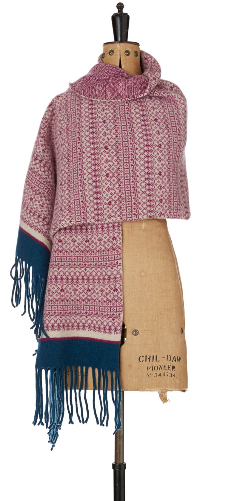 Large Shawl Fair Isle Knitted Blanket Scarf Fringed Wrap Etsy