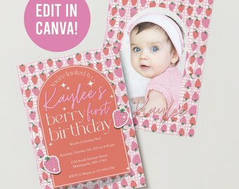 Editable Berry First Strawberry Birthday Invite