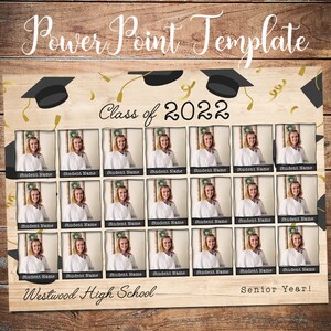 May include: A graduation photo template with a wood background and black graduation caps. The template has 24 photo slots for student photos and the text "Class of 2022", "Westwood High School", and "Senior Year!"