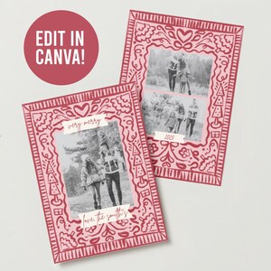 Cartão de foto de Natal editável - Vermelho + Rosa | Download instantâneo | Modelo de cartão de Natal | Convite de Natal editável Canva | Natal