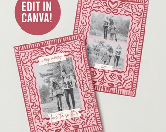 Editable Holiday Photo Card - Red +Pink | Instant Download | Holiday Card Template | Canva Editable Holiday Invitation | Christmas