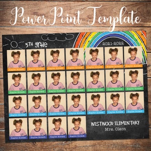 May include: A chalkboard with a rainbow arch at the top. The chalkboard has the text "Power Point Template" at the top, "5th grade" in the upper left corner, and "2021-2022" in the upper right corner. There are 35 individual student photos arranged in a grid on the chalkboard. Each photo has a name tag below it that says "Kaylee Horsch". Below the grid of photos, the chalkboard says "WESTWOOD ELEMENTARY" and "Mrs. Olson".
