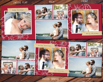 Trifold Red & Teal Floral Holiday Card - Photoshop PSD