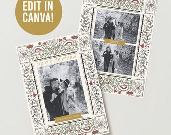 Editable Holiday Photo Card - Red + Mustard | Instant Download | Holiday Card Template | Canva Editable Holiday Invitation | Christmas
