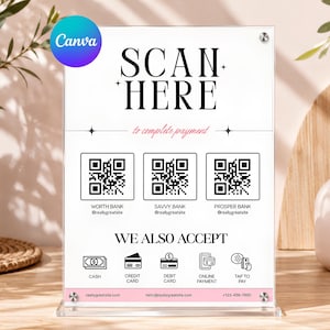 May include: A clear acrylic payment sign featuring the text SCAN HERE to complete payment, three QR codes for Worth Bank, Savvy Bank, and Prosper Bank, and icons for cash, credit card, debit card, online payment, and tap to pay with contact details.