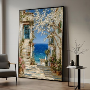 Seaside Stairway Canvas, Mediterranean Wall Art, Ocean View Print, Floral Street Art, Canvas Design, Ready To Hang Decoration