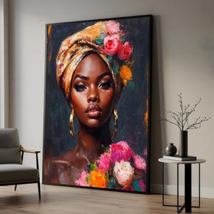 Elegant Woman Canvas, Floral Headscarf Art, Bold Portrait Wall Art, Vibrant Printing, Wall Art Canvas Design, Ready to Hang Decoration