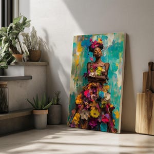 Tela Floral Majesty, Arte com Vestidos de Flores Vibrantes, Impressão de Parede com Retrato Colorido, Design de Tela de Arte da Moda, Decoração Pronta para Pendurar