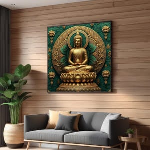 Lienzo de Buda Dorado, Decoración de Pared Zen, Impresión de Buda Meditativo, Diseño de Mandala Espiritual, Lienzo Listo para Colgar, Póster de Serenidad