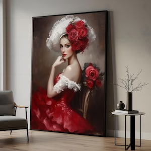 Lady in Red Dress Canvas, Vintage Woman Art, Floral Hat Wall Print, Portrait Canvas Design, Ready to Hang Decoration