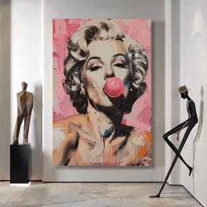 Retro Glam Pop Art Canvas, Marilyn Monroe Wall Art, Pink Bubblegum Printing, Modern Vintage Decor, Iconic Celebrity Portrait Canvas