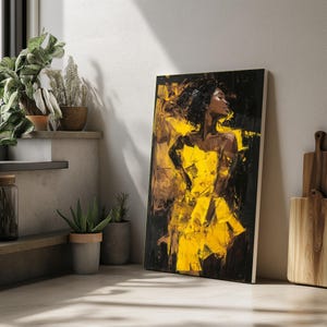 Elegant Woman in Yellow Dress Canvas, Abstract Portrait, Artistic Wall Art, Printed Canvas Design, Ready to Hang Home Decoration