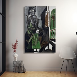Abstrakte Frau durch eine Fenster-Leinwand, Pablo Picasso inspirierte kubistische Wandkunst, moderne Kunst-Leinwanddekoration, grüne und schwarze Hauptwandkunst