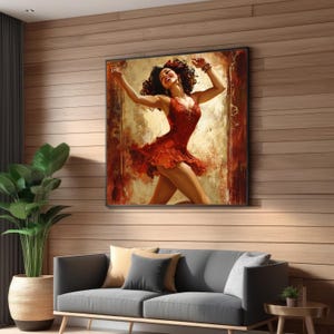Joyful Dancer Canvas Wall Art, Flamenco Passion Printing, Red Dress Dance Poster, Wall Art Canvas Design, Ready To Hang Decoration
