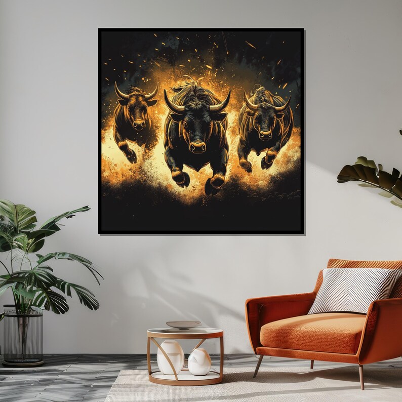 Fiery Bull Rush Canvas, Powerful Bull Art, Bull Trio Poster, Wall Art ...