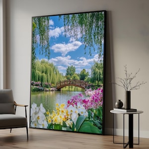 Serene Garden Bridge Canvas, Floral Reflections, Nature Wall Art, Tranquil Scene Poster, Wall Art Canvas Design, Ready To Hang Decoration