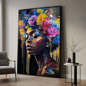 Vibrant Flower Woman Canvas, Colorful Portrait Art, Floral Beauty Wall Art, Ready to Hang Canvas, Modern Home Decor