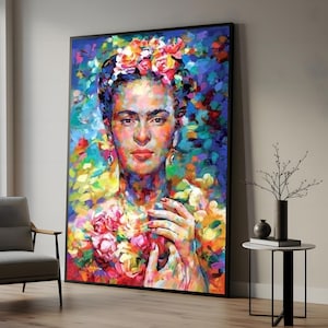 Tela colorida para retratos, arte floral vibrante feminina, arte contemporânea para parede, design em tela multicolorida, decoração pronta para pendurar