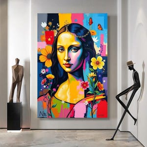 Lienzo con retrato abstracto vibrante, arte floral moderno para pared, impresión de rostro femenino colorido, listo para colgar, decoración del hogar.