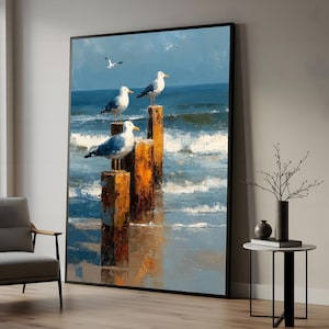 Seagull Ocean Canvas, Beach Birds Wall Art, Seagulls on Posts Print, Coastal Decor, Wall Art Canvas Design, Ready to Hang Decoration