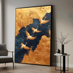 Golden Crane Flight Canvas, Elegant Bird Wall Art, Crane in Clouds Print, Wall Art Canvas Design, Ready to Hang Decoration