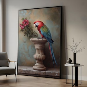 Elegante lienzo de loro, arte de pared con flores de loro, estampado de pájaros vibrantes, diseño de lienzo de arte animal, listo para colgar, decoración de sala de estar