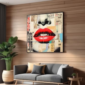 Red Lips Canvas Art, Pop Art Collage, Face Wall Print, Modern Lips Poster, Wall Art Canvas Design, Ready To Hang Decoration