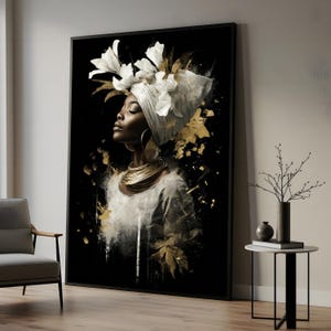 Elegant Floral Headwrap Canvas, Gold Accents Woman Art, Portrait Wall Art Canvas Design, Ready to Hang, Cultural Beauty Decor
