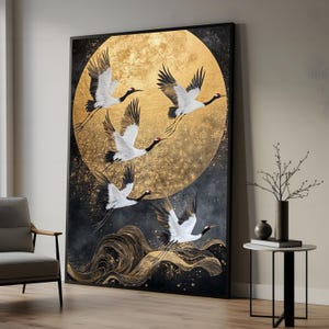 Tela con gru dorate, stampa murale con gru, stampa di uccelli al chiaro di luna, elegante poster con uccelli, design da parete su tela, decorazione pronta da appendere