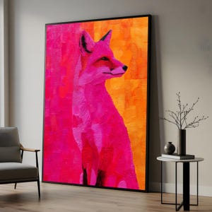 Tela de raposa vibrante, arte de parede de raposa rosa-alaranjada, impressão de parede de animal, design de tela moderno, pronto para pendurar, decoração de animais coloridos