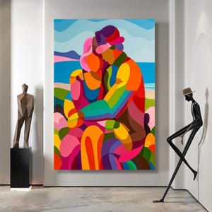 Colorful Abstract Couple Embrace Canvas, Modern Romantic Wall Art, Vibrant Lovers Portrait, Contemporary Home Decor, Ready to Hang Canvas