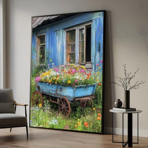 Rustikaler Blumenwagen, Leinwand, Vintage Blumenkunst, Charmantes blaues Haus, Gartenwandkunst, Wandkunst, Leinwanddesign, fertig zum Aufhängen