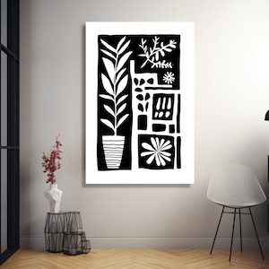 Minimalist Botanical Canvas Wall Art, Black and White Plant Silhouette, Modern Abstract Nature Design, Scandinavian Style Home Decor